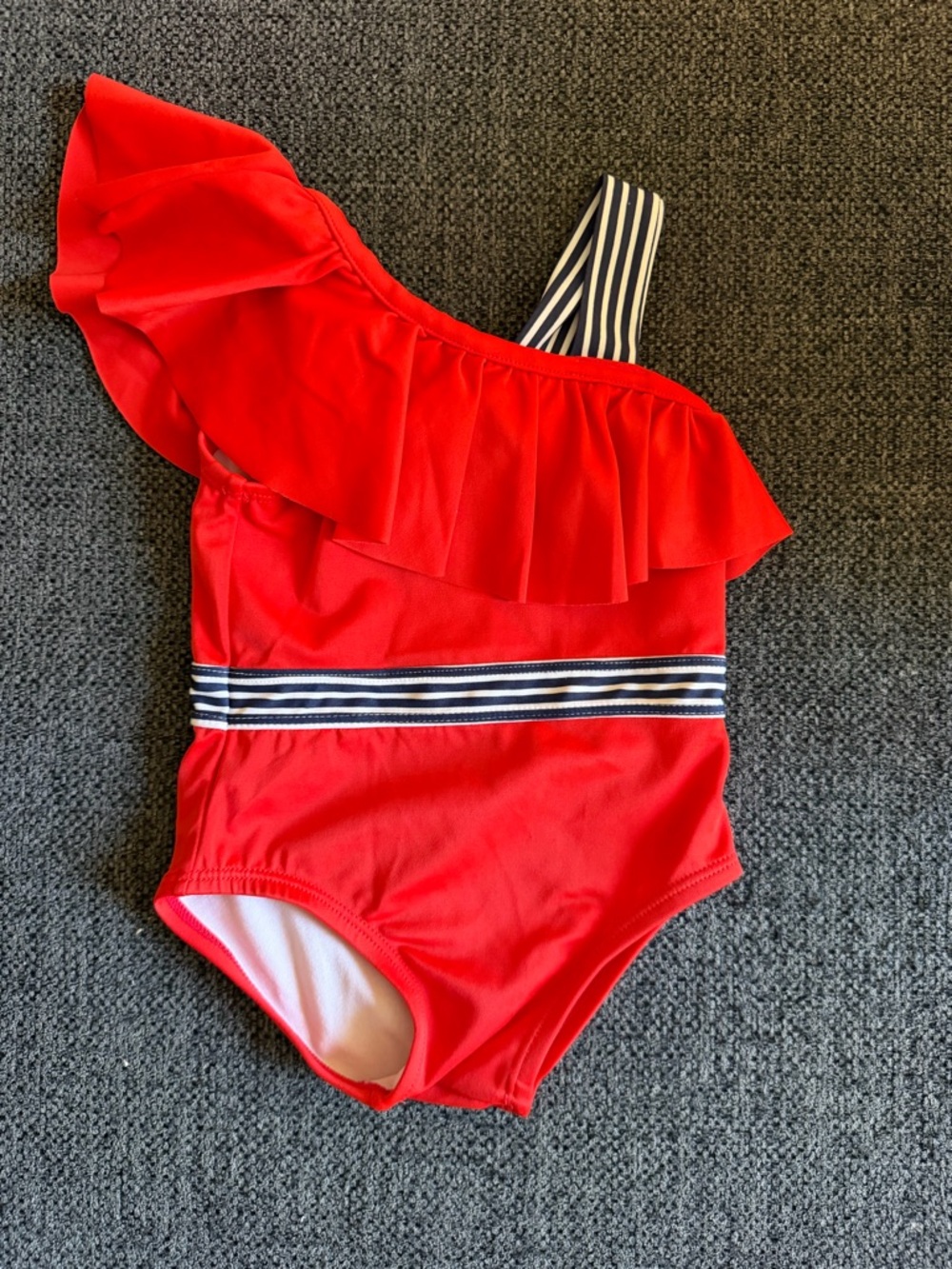 Janie and Jack Red One-Shoulder Ruffle Swimsuit with Navy-White Stripes